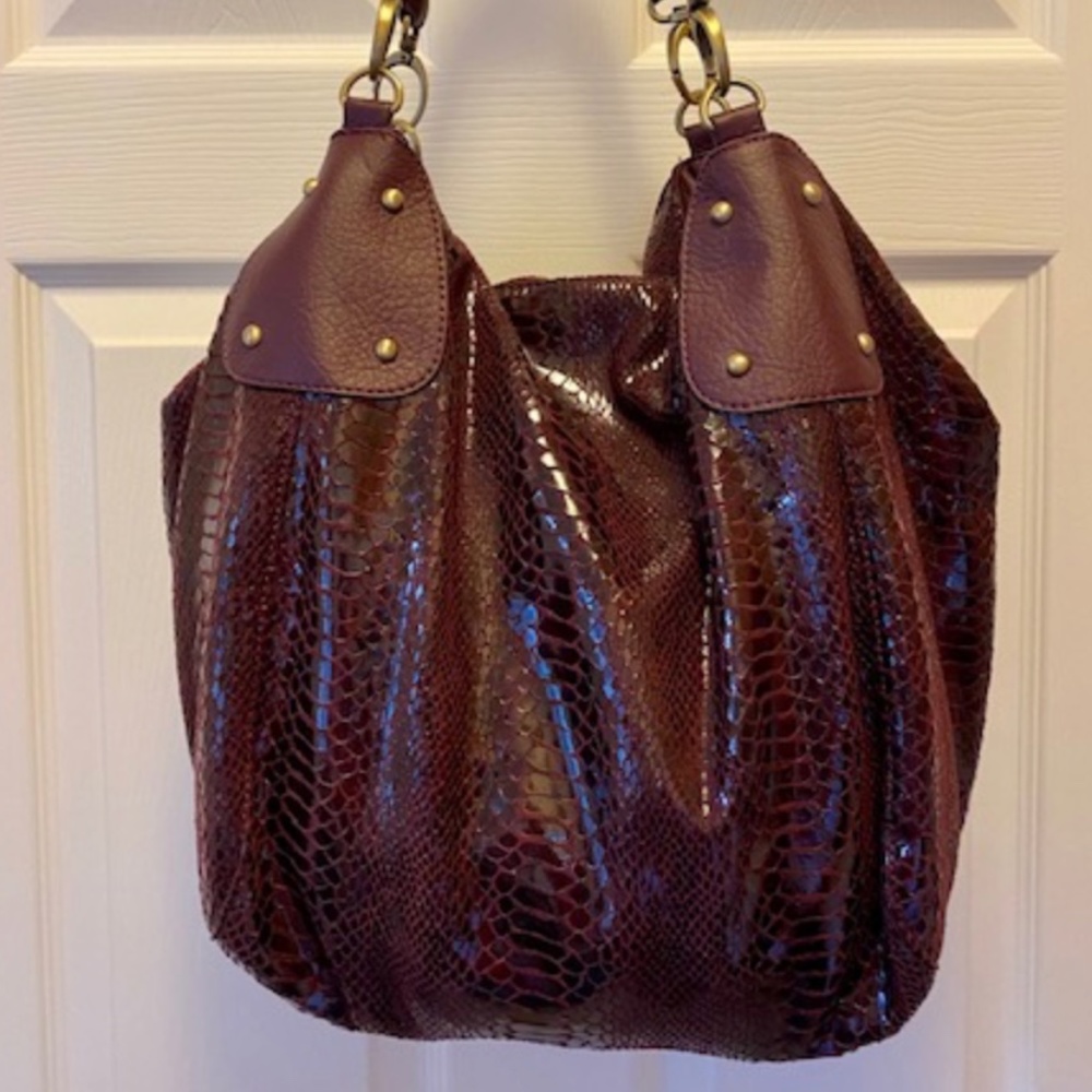 Dark Purple Faux Snakeskin Print Patent like Handbag